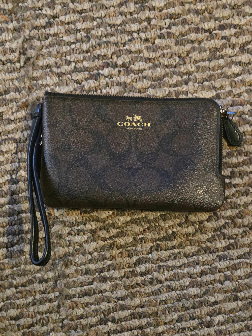 Coach Black Signature Zip Wristlet with Gold Logo